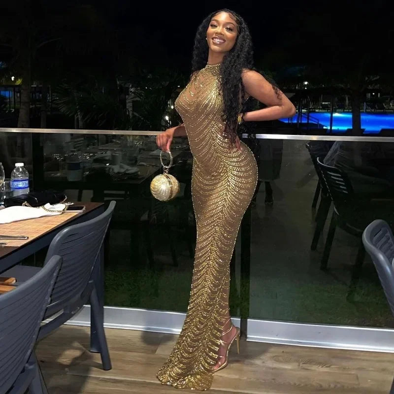 Sexy Sheer Mesh Studded Maxi Dress Women Sheath Backless Party Dress Clubwear