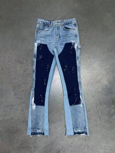 American retro design sense furred edge micro flared jeans men Y2k dark pants new low waist splicing elastic floor length pants