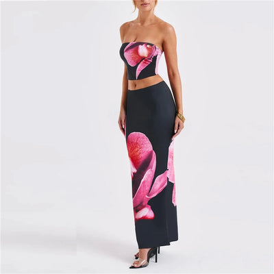 Women Summer 2 Piece Outfits Floral Print Tube Tops and Elastic Bodycon Long Skirt Set for Streetwear Aesthetic Clothes