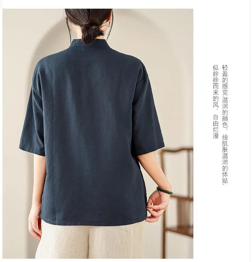 New Women's Retro Cotton Linen Short-sleeved Shirt with Diagonal Placket and Stand-up Collar Tea Top