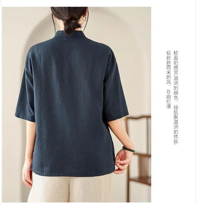 New Women's Retro Cotton Linen Short-sleeved Shirt with Diagonal Placket and Stand-up Collar Tea Top