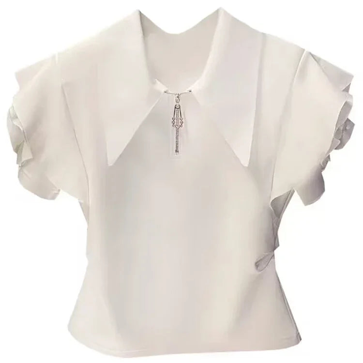 2025 Shirts for Women Ruffles Turn Down Collar Tshirt Fashion Temperament Party Zipper Y2K Tops Korean Summer White Pleated Tees
