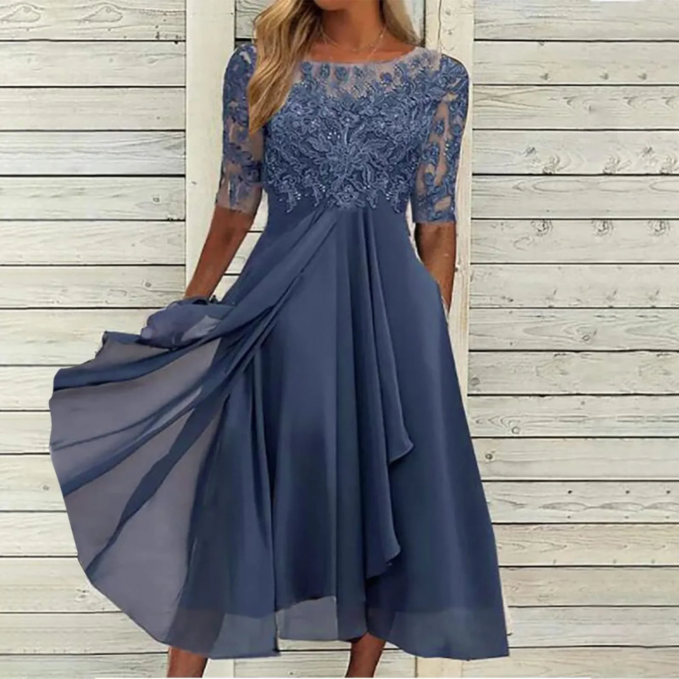 Elegant Outfits Summer Dresses For Women 2023 Tea Length Embroidery Lace Chiffon Mock Dress Formal Occasion Dresses Vestidos