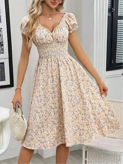 Summer Women Floral Print Dress V-neck Puff