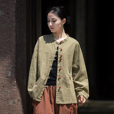 Cotton Linen Women's Literary Vintage Ramie Tops Shirt Women's Patchwork Colour Plate Button Lapel Cardigan Jacket Chinese Style