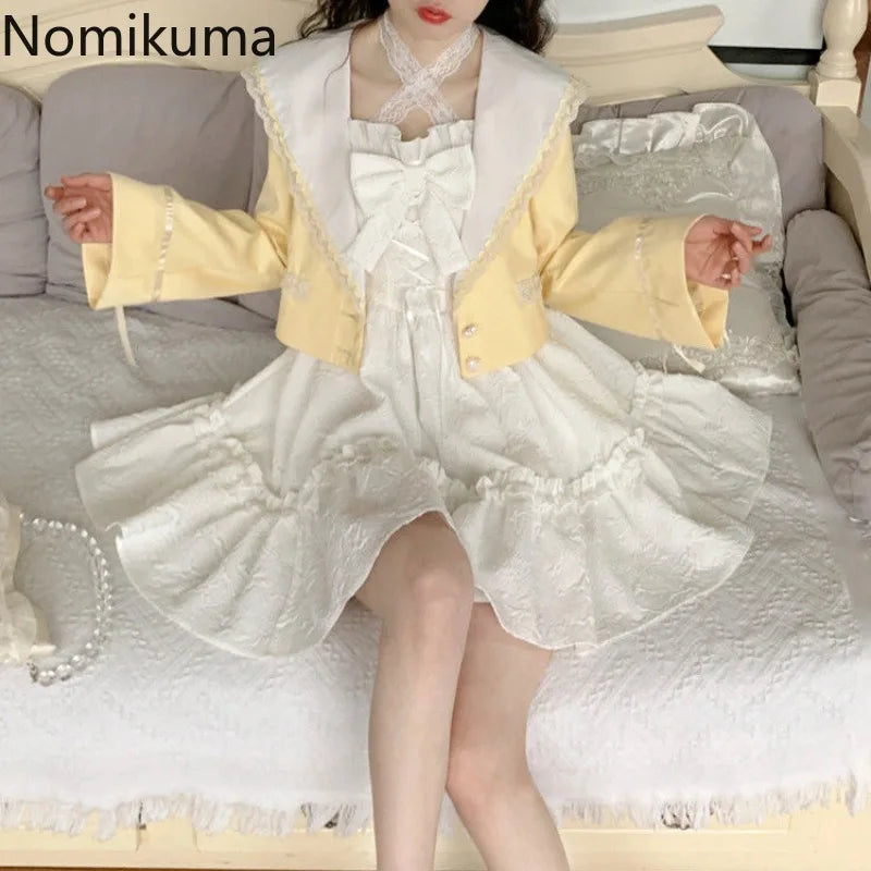 2025 Vestidos De Mujer Cute Summer Dresses for Women Lolita Style Japanese Sweet Robe Femme Bandage Bow Ruffles White Dress
