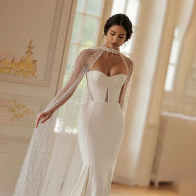 Customized Strapless Satin Wedding Dress Sequin Sweetheart Sheath Mermaid Wedding Dress Beach Wedding Dress（Without Cape ）