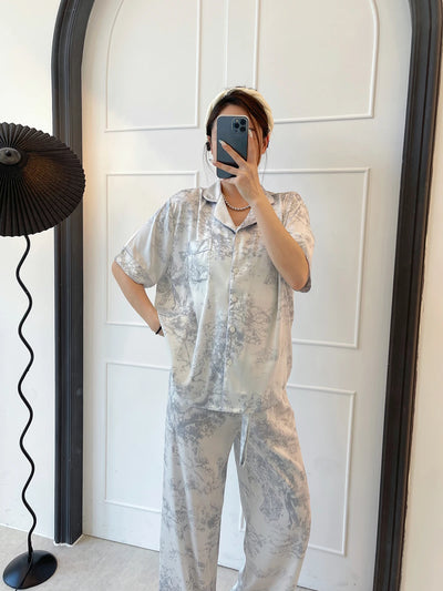 Fashion Elegant Female Pajamas Lounge Wear Set Sexy Print Flower Sleepwear Trouser Suits Spring Summer Loose Satin Home Wear