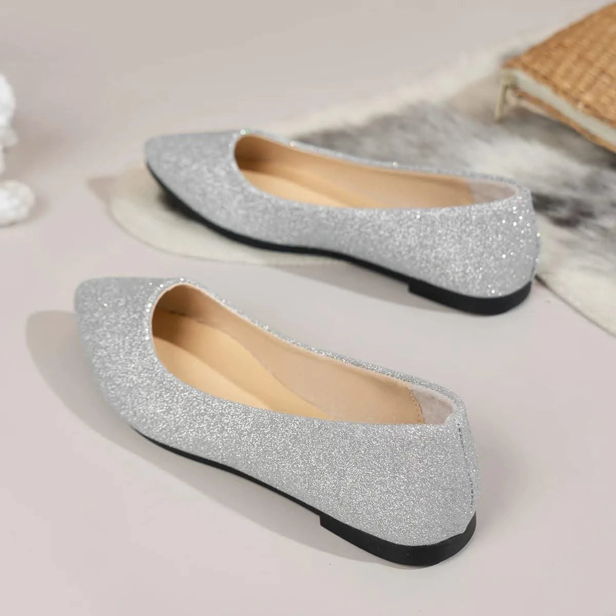 Glittery Slip on Loafers | Breathable Pointed Toe Boat Shoes | Shallow Flats Women Plus Size 43
