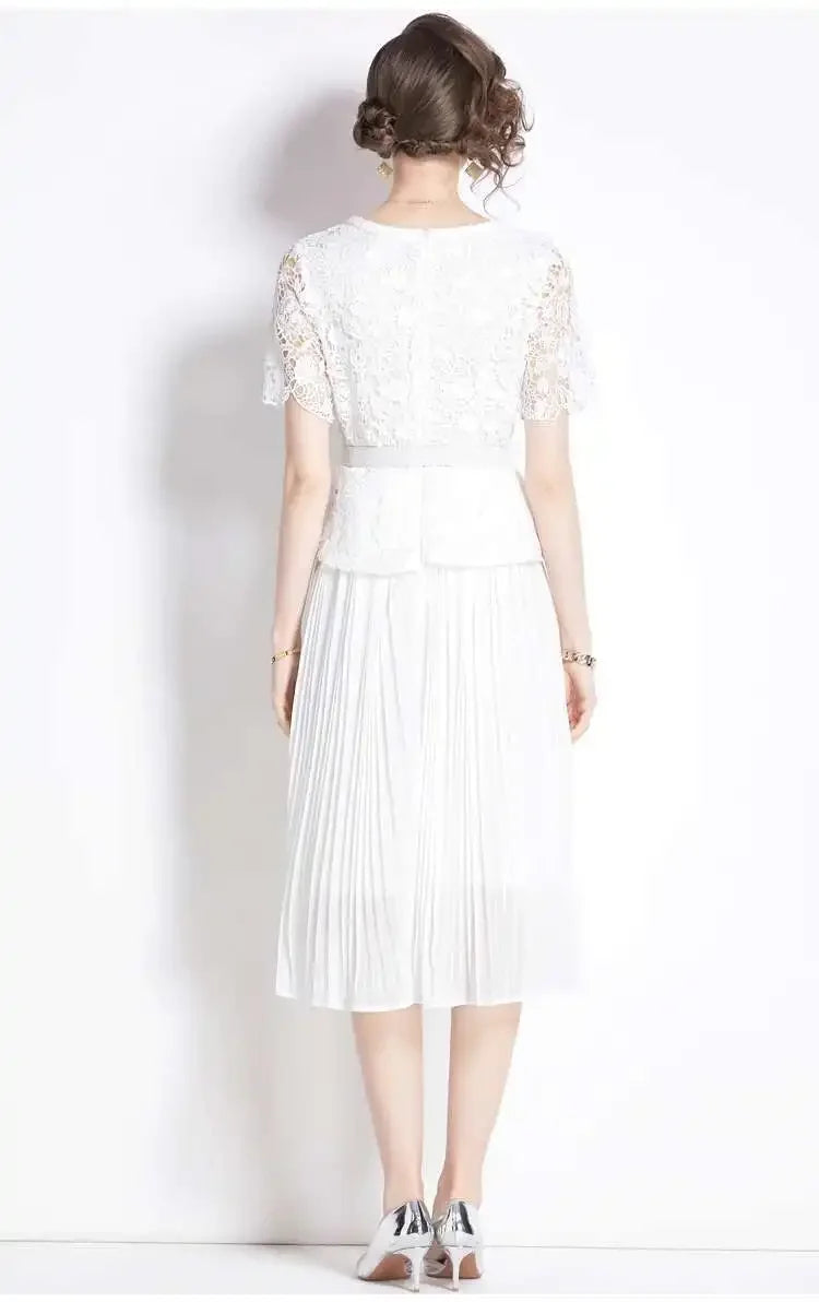 Luxury Evening Dress Women Summer Vacation Short Sleeve Pleated Lace Chiffon Long Dresses White Single Breasted Midi Party Robe