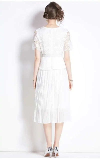 Luxury Evening Dress Women Summer Vacation Short Sleeve Pleated Lace Chiffon Long Dresses White Single Breasted Midi Party Robe