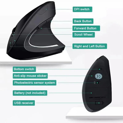 2.4GHz Vertical Mouse Ergonomic Wireless Optical Mice 3 Adjustable DPI 800/1200/1600 6 Buttons for Laptop PC Computer Desktop