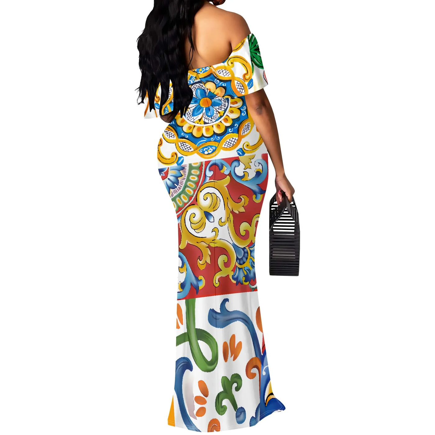 S-3XL Italian Tile Print Maxi Dress Off Shoulder Summer Holiday Boho Dress for Women