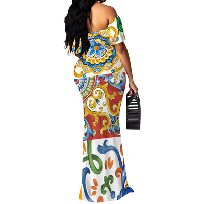 S-3XL Italian Tile Print Maxi Dress Off Shoulder Summer Holiday Boho Dress for Women