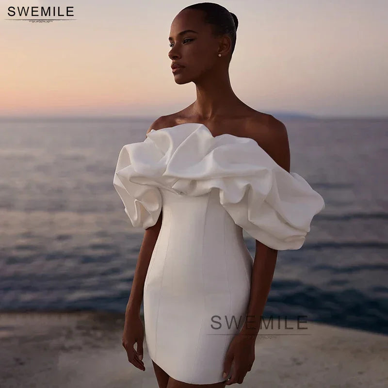 SWEMILE Mini Sheath Wedding Dresses Corset With Ruffled Neckline Off-The-Shoulder Backless Bridal Dress Short Prom Party Gowns