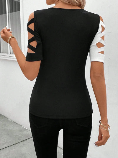 Women's Blouses T-shirt Summer New Colour Block Cross Off Shoulder