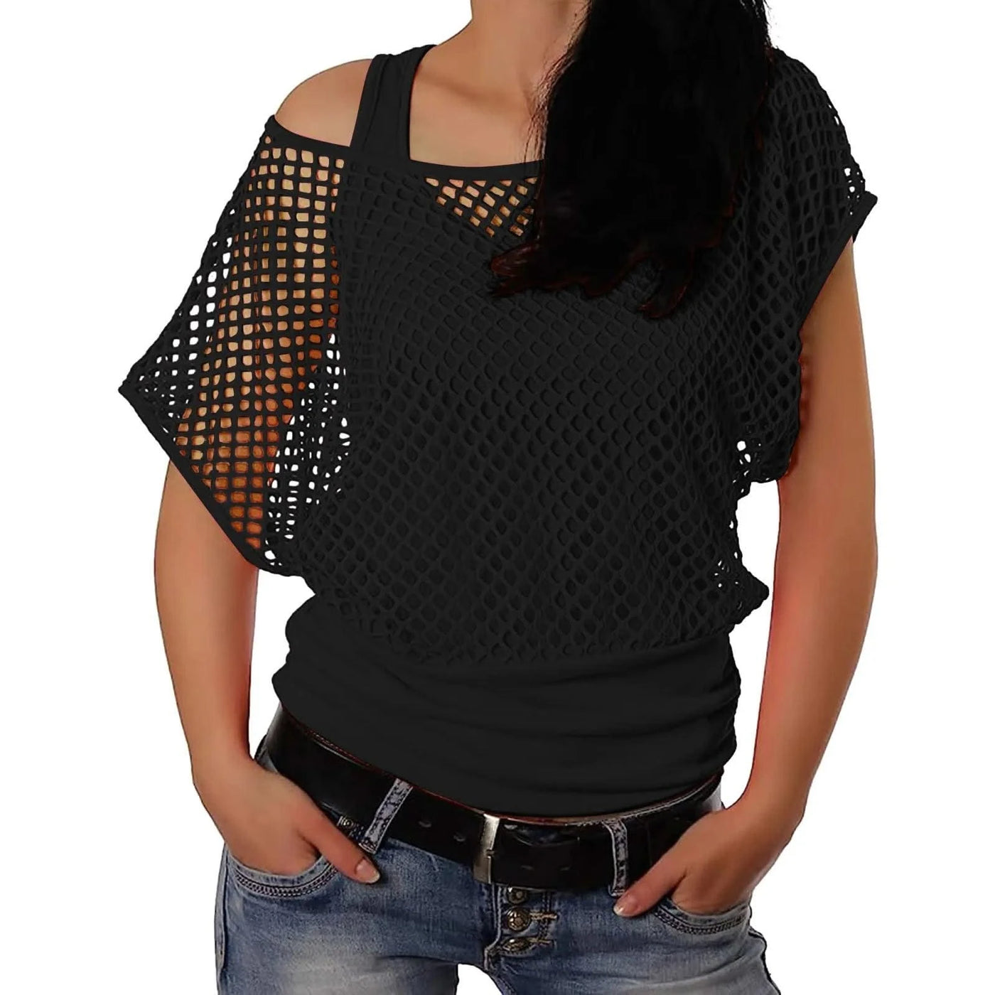 Women Shirts 80s Neon Fishnet Mesh Top Off Shoulder Tops