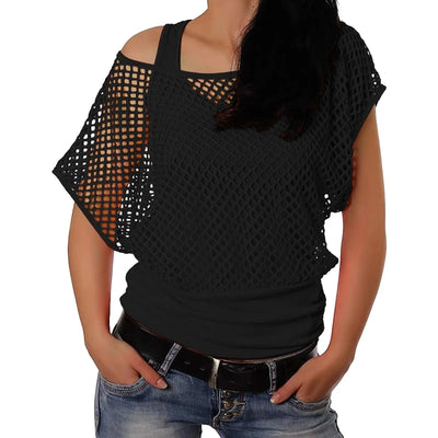 Women Shirts 80s Neon Fishnet Mesh Top Off Shoulder Tops