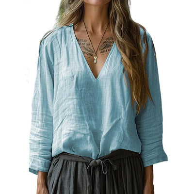 Women Cotton And Linen Top Spring Summer Fashion Casual V-Neck Long Sleeve Loose Pullover Tops Thin Lightweight Comfy Blouse Top