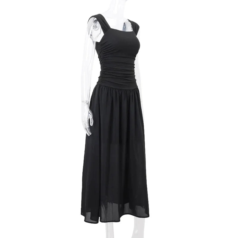 WhereMery Elegant Slip Long Dresses Sexy Women Ruched Bodycon Solid Maxi Dress Spring Y2K Summer Temperament High-waist Vestidos
