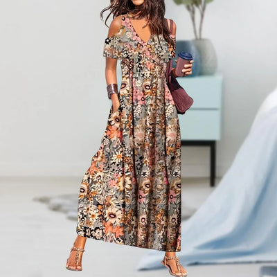 Women Summer Dress Flower Print Hollow Out Short Sleeves V Neck Dress-up Pleated Off Shoulder Soft Maxi Dress Women Clothes