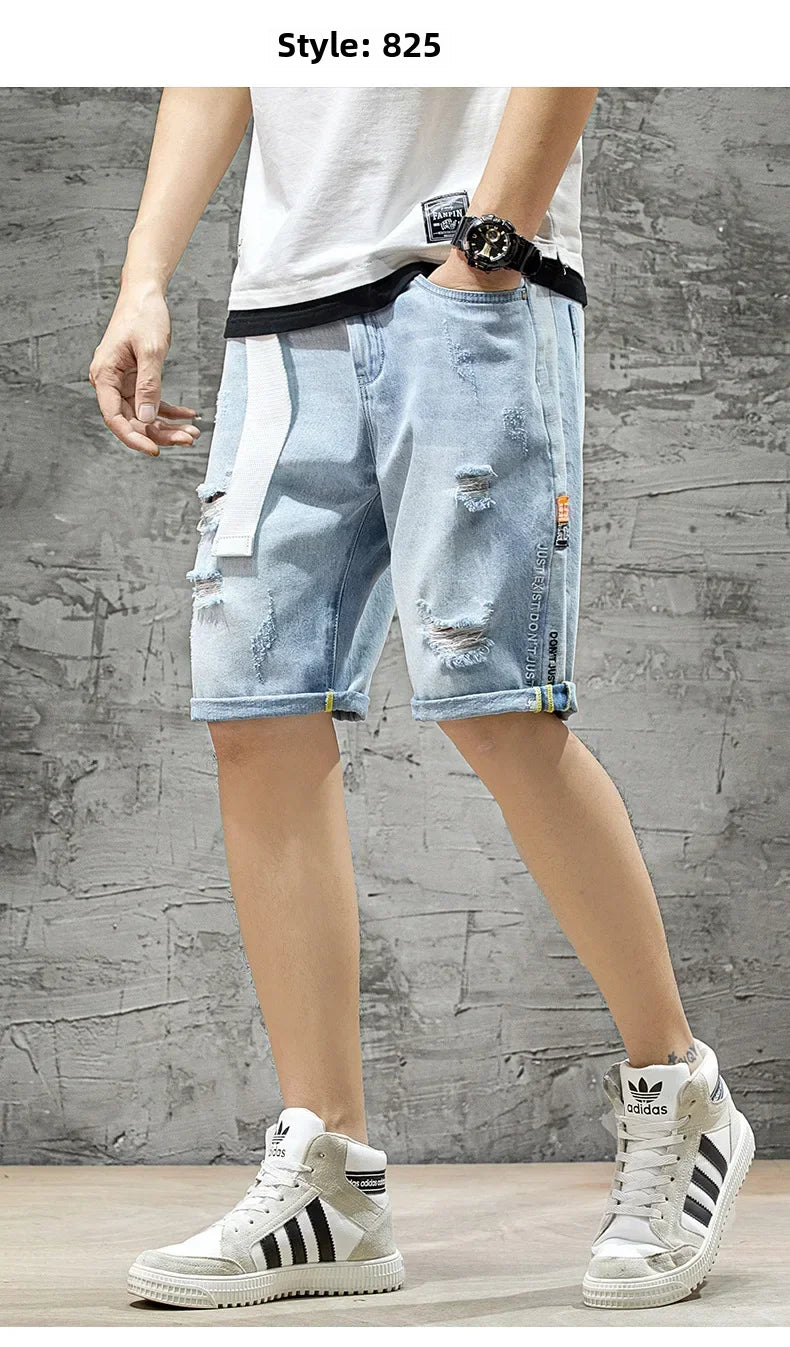 Summer Denim Shorts For Men Trendy Ripped Elastic Waist Loose Fit Casual Jeans 5 Minute Length Middle Pants