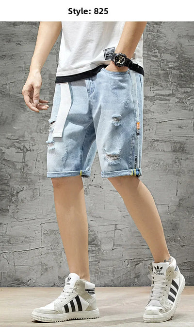 Summer Denim Shorts For Men Trendy Ripped Elastic Waist Loose Fit Casual Jeans 5 Minute Length Middle Pants