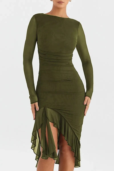Ruffle Ruched Midi Dress For Women