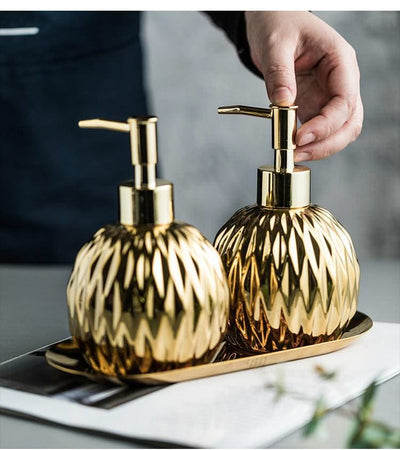 Luxury Gold Soap Dispenser with Press handle  Ceramic Dispenser Silver Dispenser with stainless steel Tray Bathroom Accessory