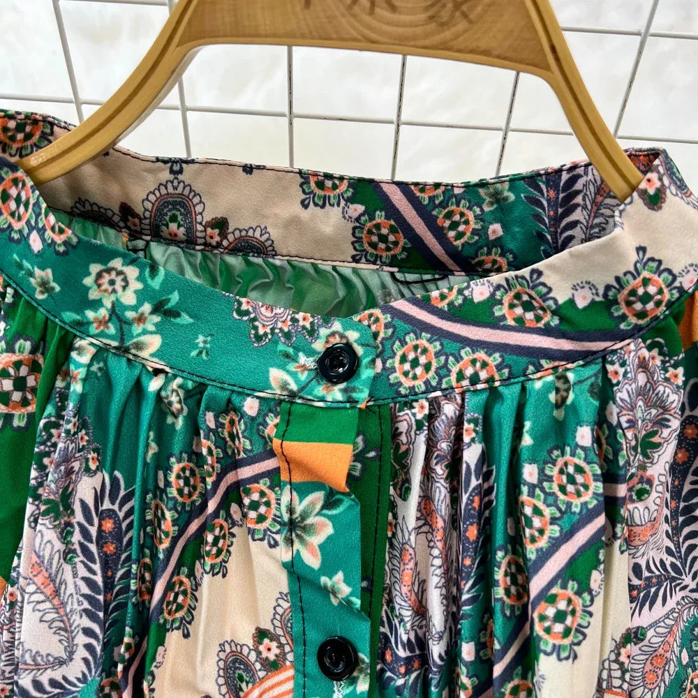 Retro Elegant Sashes O Neck Single Breasted Print Dresses Long Lantern Sleeves A-line Casual High Waist Women Autumn Clothing