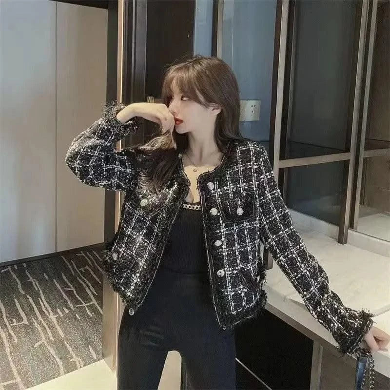 Luxury Tweed Jacket Women Coat Long Sleeve Tweed Blazer Crop Jacket Short Tops Plaid Pockets Office Ladies Clothing New