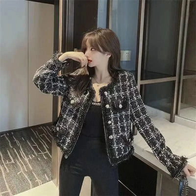 Luxury Tweed Jacket Women Coat Long Sleeve Tweed Blazer Crop Jacket Short Tops Plaid Pockets Office Ladies Clothing New
