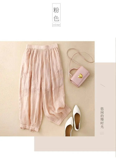 Cotton and Linen Harem Women Summer Vintage Embroidery Lightweight Breathable Lantern Pants