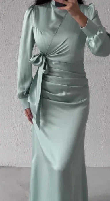 Dresses for Women 2024 Autumn Elegant Fashion Temperament Commuting Long Sleeves Round Neck Skinny Satin Party Evening Dress