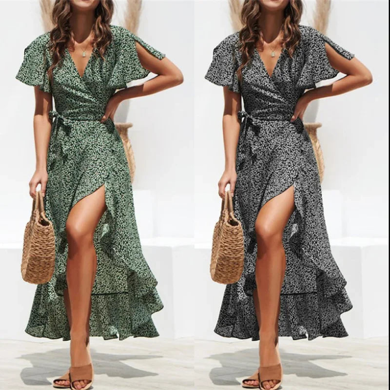 Women Summer Dresses Bohemian Sexy V-Neck Irregular High Waist Lace-up Chiffon Print Dress Casual Beach Long Dress