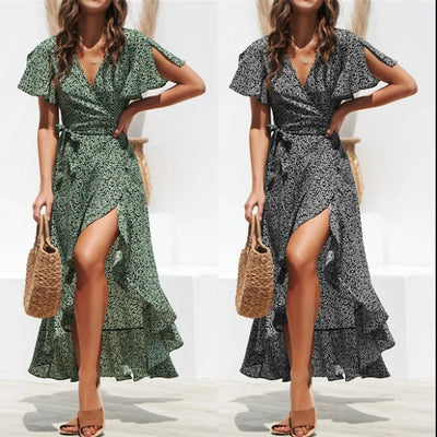 Women Summer Dresses Bohemian Sexy V-Neck Irregular High Waist Lace-up Chiffon Print Dress Casual Beach Long Dress