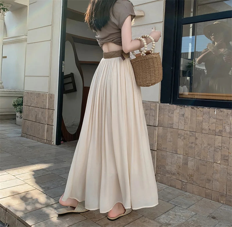 2025 New High Waisted Cotton Linen Pleated Midi Skirt – Summer Flowy A-Line Maxi Skirt for Women, Breathable & Elegant