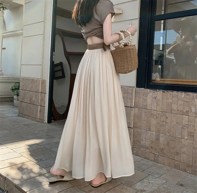 2025 New High Waisted Cotton Linen Pleated Midi Skirt – Summer Flowy A-Line Maxi Skirt for Women, Breathable & Elegant