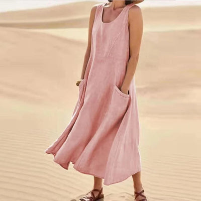 Cotton Linen Sleeveless Dress for Women Summer Pullover Skirt Vestidos Fashion Female Clothing Short Sleeved Loose Long Dress