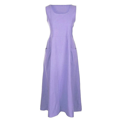 Cotton Linen Sleeveless Dress for Women Summer Pullover Skirt Vestidos Fashion Female Clothing Short Sleeved Loose Long Dress