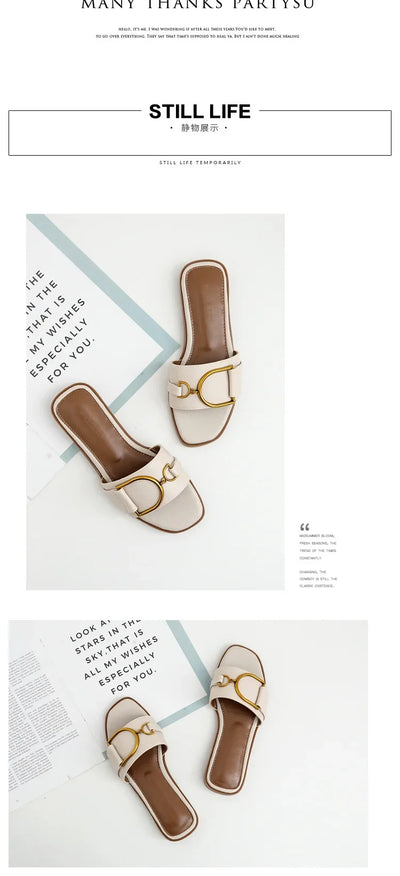 Summer Women Slippers Leather Square Toe Women Flats Flip Flops Designer Ladies Slides Sandals Women Shoes Luxury Sandals