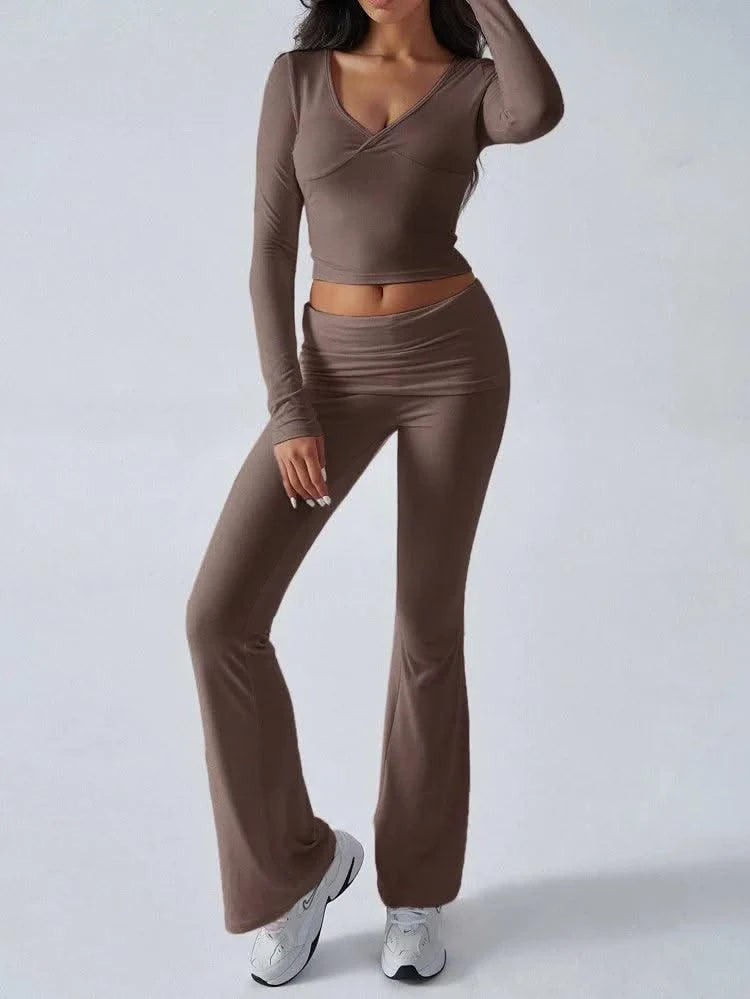 Women's Sexy Suits 2025 Autumn Winter Latest Casual Solid Color Yoga Suit Slim Fit Sports Knit Long Sleeved Pants Two-Piece Set