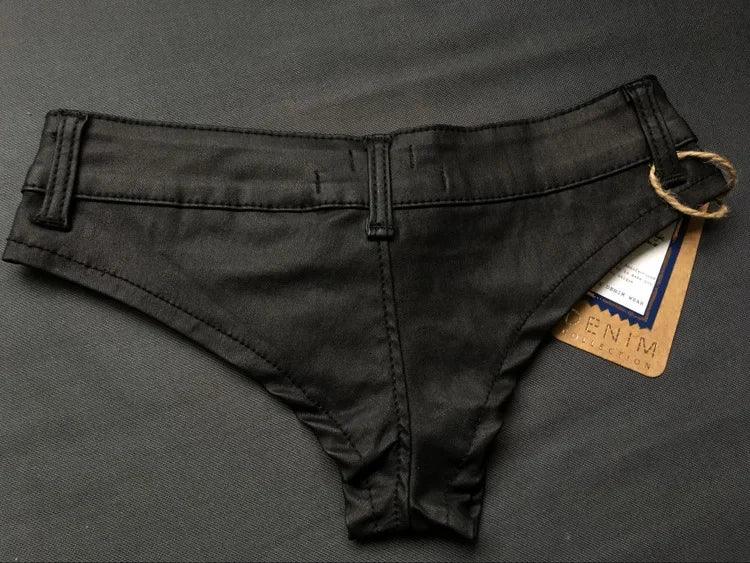 Womens Shorts Nightclub Sexy Low Waisted Elastic Denim PU Faux Leather Button Up Zippered Hot Pants for Women