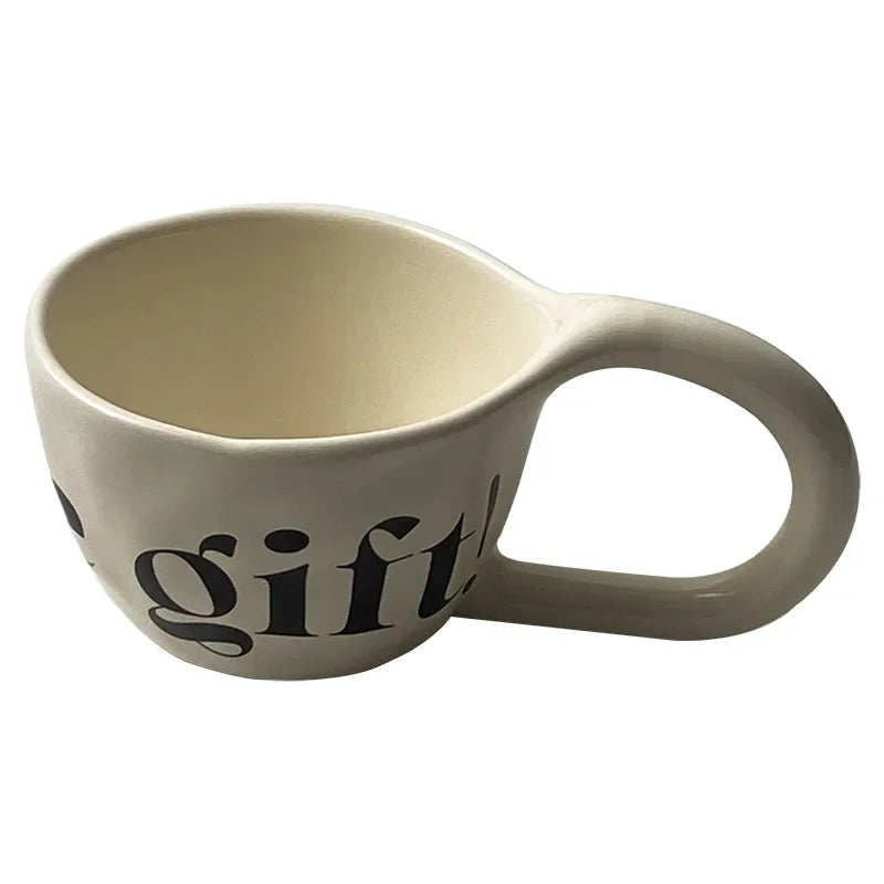 Alphabet Print Coffee Mug, Premium Value Ceramic Mug with Ear Shaped Handle, Breakfast Cup