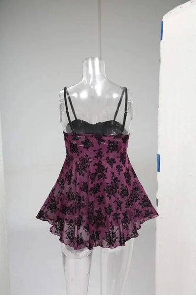 ROSEGAL Plus Size Gothic Camis Top for Women, Floral Mesh, Flocking Bowknot, Tied Asymmetric Top, Adjustable Shoulder Strap Vest