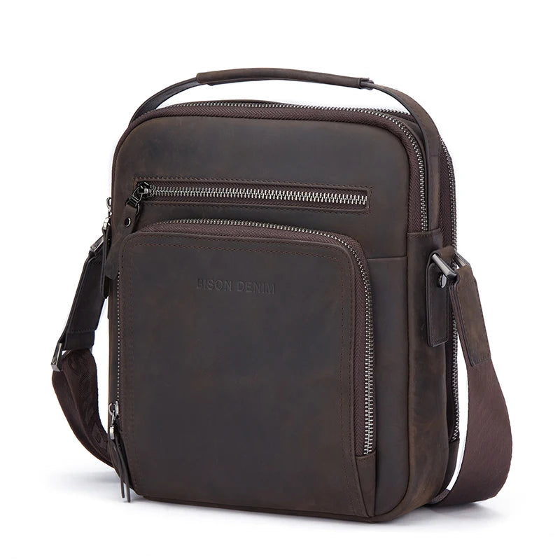 BISON DENIM Carbon Fiber Messenger Bag Men Casual Cowhide Leather Shoulder Crossbody Bag Gift Designer Handbags