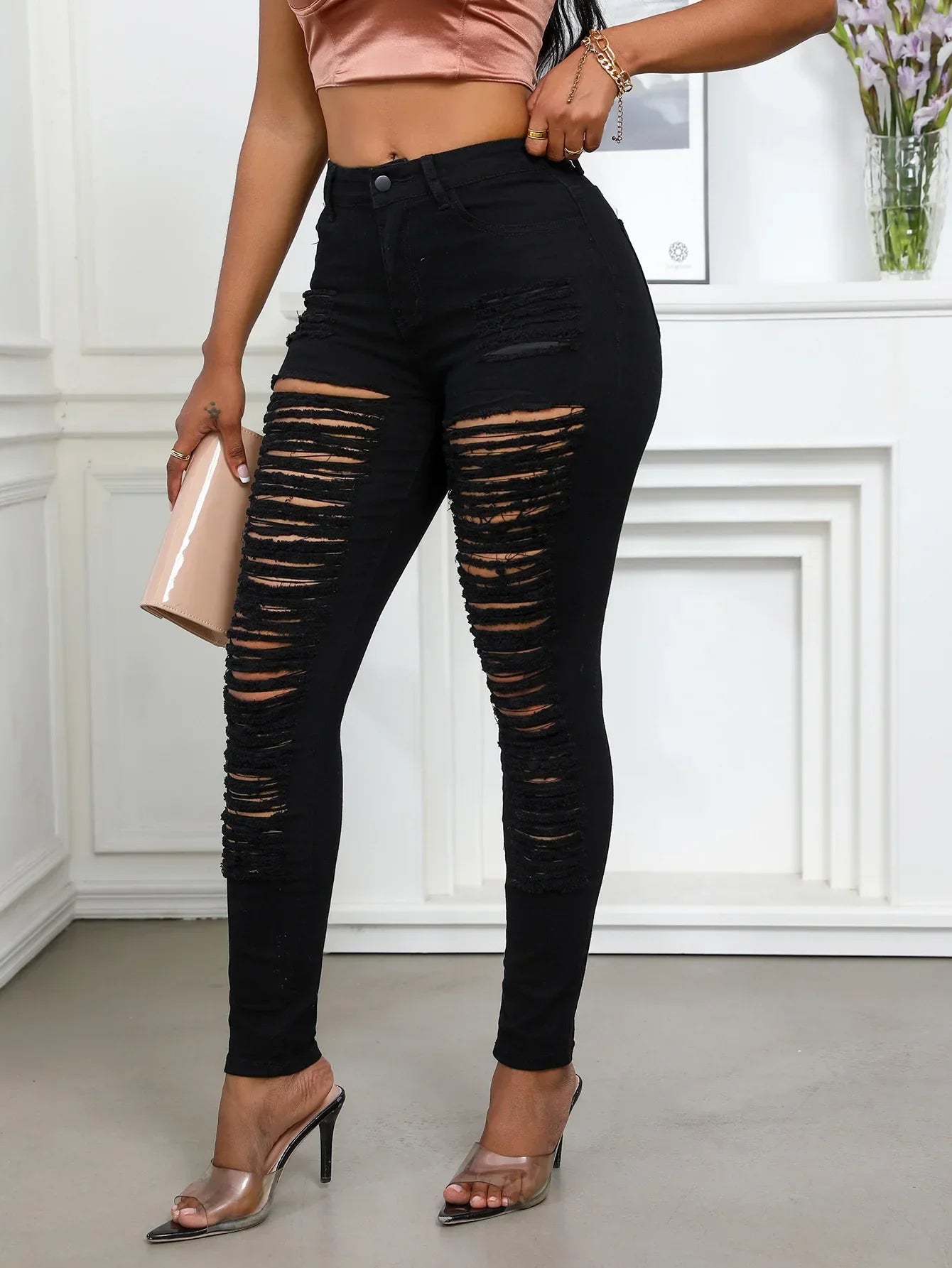 Women's Spring and Fall Fashion Elastic Ripped Jeans Women Casual Close-fitting High-waisted Denim Small Leg Pants Pencil Pants