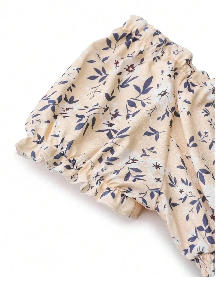 Summer Women Floral Print Dress V-neck Puff