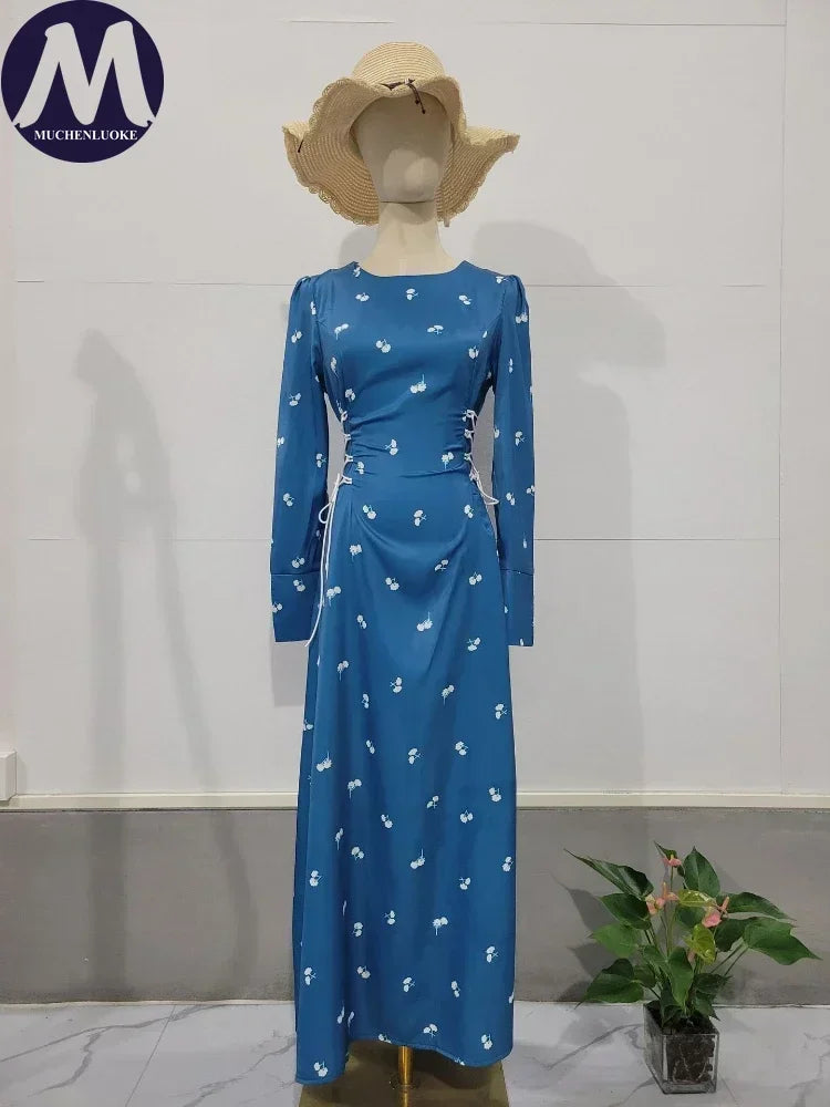 Elegant Dresses for Women 2025 Spring Summer New Long Sleeve O Neck Dress Fashionable Slim Fit Lace Up Lower Back Evening Dress