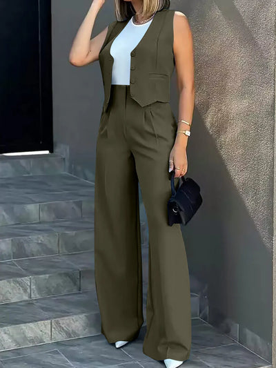 Trousers Suit Women's Vest Trousers Suit Elegant Loose Regular Work Suit High Waist Wide-leg Trousers 2-piece Street Suit